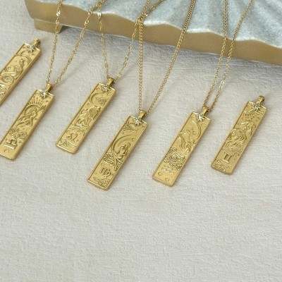 14K Gold Plated Zodiac Bar Necklace | Vertical Constellation Pendant | Dainty Celestial Jewelry Gift for Women