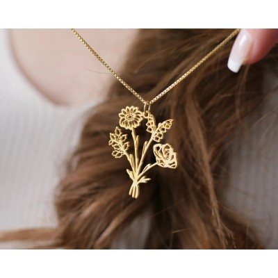 Birth Flower Necklace For Mother's Day, Family Birth Flower Bouquet Necklace for Grandma, Family Necklace for Mom, Christmas Gift for Mom