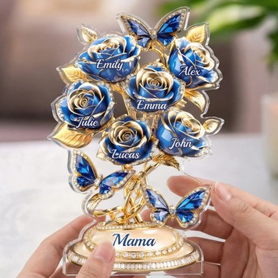 Personalized Family Tree Rose Acrylic Plaque - Custom Mom Gift with Kids Names, Blue Gold Butterfly Decor for Mother's Day, Birthday