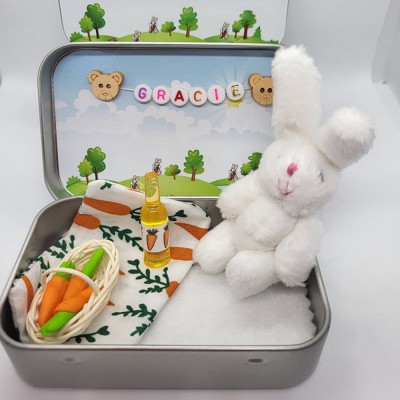 Fluffy Bunny Plush Pocket Companion in Picnic Basket Carrots Tin – Perfect Anxiety Hug, Cute Gift for Easter or Birthdays!