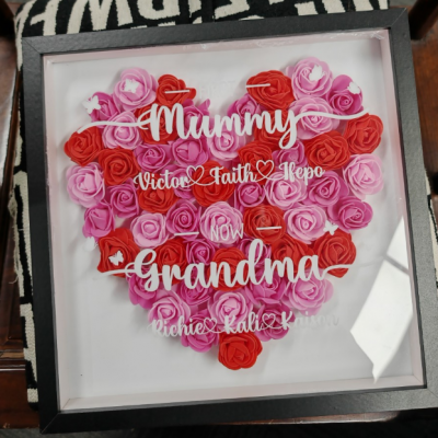 Personalized First Mom Now Grandma Shadow Box, Custom 8-12 Names Heart Rose Flower Frame, Mother's Day Birthday Gift for Grandma Mom Family Wall & Tabletop Decor