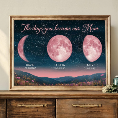 Personalized Moon Phase Poster The Days You Became Our Mom Custom Birth Date Moon Print Mothers Day Gift for Mom from Daughter Son Customized Night Sky Wall Art for Living Room Bedroom Decor