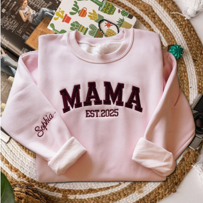 Custom Mama Est Sweatshirt, Personalized Kid Name on Sleeve, Embroidered Mom Crewneck Pullover, Customizable Mother's Day Gift for Mom