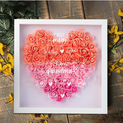 Personalized First Mom Now Grandma Rose Flower Frame, Custom Name Heart Shadow Box Gift for Grandma, Mother’s Day Keepsake with Purple Roses