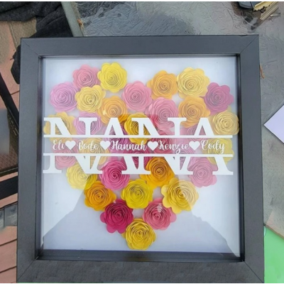 Custom Name MAMA MIMI Rose Shadow Box, Personalized Heart-Shaped 3D Flower Frame, Mother's Day Birthday Gift for Mom, Sentimental Family Keepsake Decor
