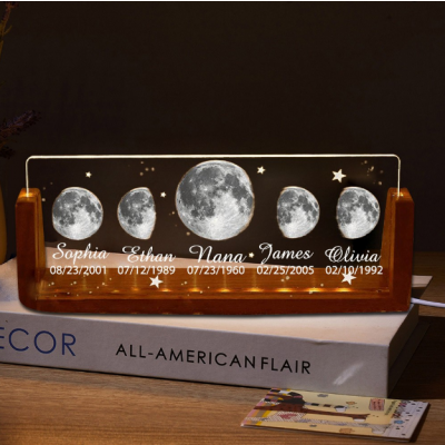 Personalized Mom Moon Phase Night Light - Custom 5 Names & Birthdates Acrylic Lamp - Unique Mother's Day Gift from Kids - "We Love You to the Moon" Keepsake