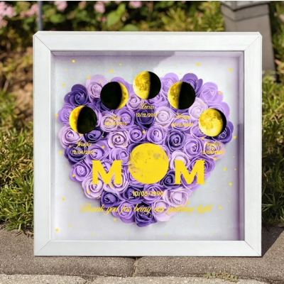 Custom Mom Moon Phase Shadow Box with Preserved Roses, Personalized Family Birth Date Flower Frame, Mother's Day Gift for Mom, Unique Keepsake for Grandma, Birthday Gift for Her