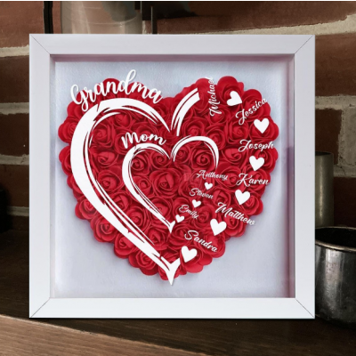 Personalized Grandma Mom Shadow Box, Custom Name 3D Paper Rose Heart Frame with Grandkids Names, Handmade Mother's Day Birthday Gift for Grandma, Nana, Mimi, Family Wall Decor