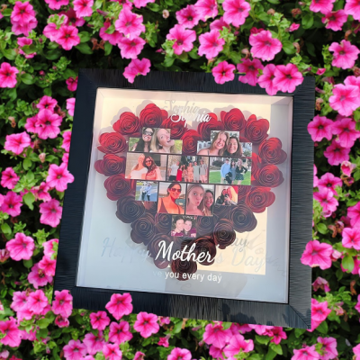 Custom Photo Heart Rose Shadow Box, Personalized 3D Flower Picture Frame with Name, Mother's Day Birthday Gift for Mom Grandma, Sentimental Family Wall Art Decor
