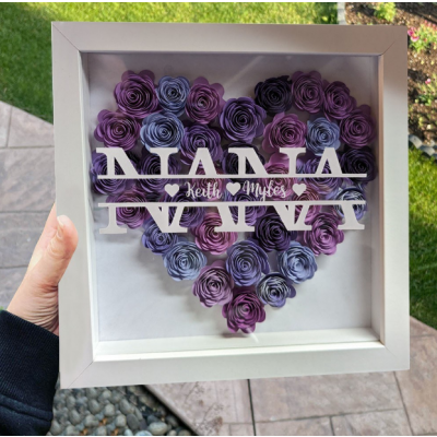 Personalized NANA Flower Shadow Box with Kids Names, Custom Purple Rose Heart Frame Wall Art, Handmade Mother's Day Birthday Gift for Grandma Nana