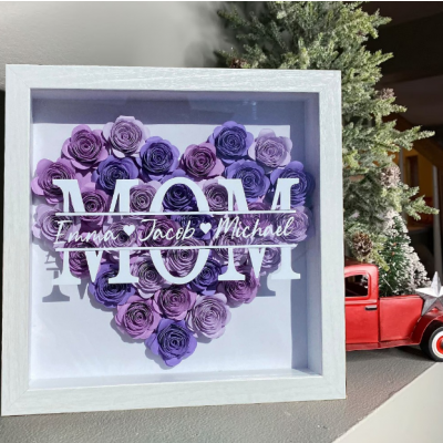 Custom MOM Green Rose Heart Shadow Box with Names - Personalized Floral Frame Wall Decor, Handmade Flower Gift for Mom, Mother's Day & Birthday Keepsake
