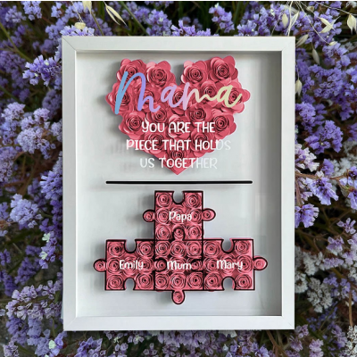 Personalized Family Name Puzzle Rose Shadow Box, Custom 3D Flower Frame with Heart & Names, Mother's Day Gift for Mom Nana Grandma, Unique Home Decor for Living Room Bedroom