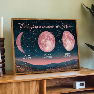 Custom Moon Phase Print for Mom, Personalized The Day You Became My Mom Poster with Kids Names & Birth Dates, Unique Mother's Day Birthday Gift for Mom, Customized Pink Moon Wall Art Home Decor
