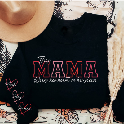 Heart on Sleeve Mama Sweatshirt, Cute Floral Letter Print Mom Crewneck, Cozy Casual Pullover Top, Perfect Birthday & Mother's Day Gift for Mom