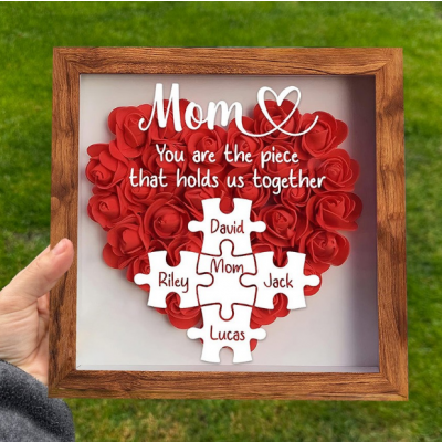 Personalized Mom Flower Shadow Box with Puzzle Piece Names, Custom "You are the piece that holds us together" Frame, Handmade 3D Rose Heart Mother's Day Birthday Gift for Mom, Grandma, Family Wall Decor