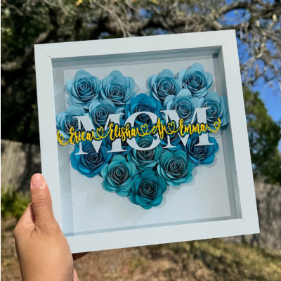 Personalized Mom Flower Shadow Box with Name, 3D Purple Paper Rose Heart Frame, Unique Mother's Day Birthday Gift for Mom, Handmade Keepsake Decor
