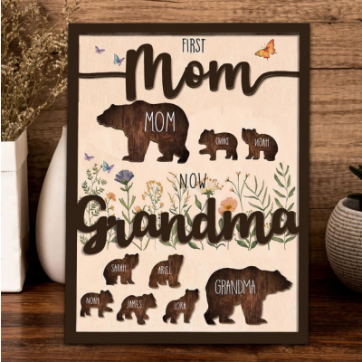 Custom First Mom Now Grandma Bear Sign, Personalized Grandma Gift with Grandchildren Names, Mothers Day Gift for Nana, Custom Family Bear Wall Decor, Grandma Birthday Gift