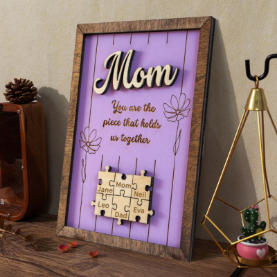 Personalized Mom Puzzle Sign - Custom Family Names Wooden Wall Art - "You Are The Piece That Holds Us Together" - Mother's Day Gift for Mom from Kids & Family