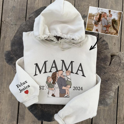 Personalized Mama Embroidered Hoodie with Family Portrait, Custom Names & EST Year, New Mom Gift.