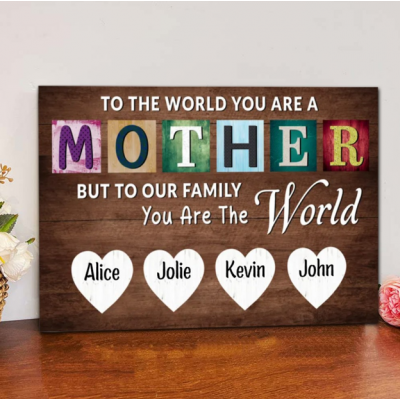 Custom Mother's Day Wall Art, Personalized Mom Sign with Kids Names, To The World You Are A Mother But To Our Family You Are The World, Mother's Day Gift for Mom, Customized Wooden Canvas Print for Home Decor