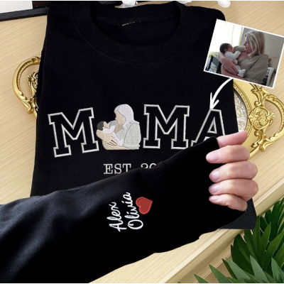 Personalized Mama Photo Embroidered Sweatshirt, Custom Kids Names & Est Year, Unique Mother's Day Gift for Mom