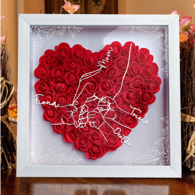 Personalized Mom Hand Holding Shadow Box, Custom Name 3D Red Paper Rose Heart Frame with Kids Names, Handmade Mother's Day Birthday Gift for Mom, Family Wall Decor