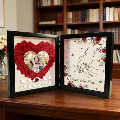 Personalized Mom Hand in Hand Yellow Rose Heart Photo Frame - Custom Name & Picture Collage, Unique Mother's Day Birthday Gift for Women, 8x10 Double Hinged Floating Frame