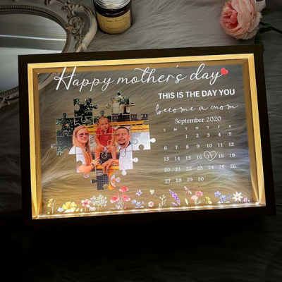 Personalized Mother's Day Photo Frame Lamp, Custom Happy Mother's Day Puzzle Calendar LED Night Light, Customized Picture Frame with Warm Light, Unique Gift for Mom from Daughter Son