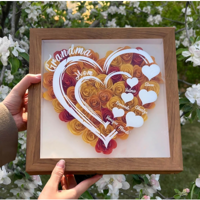 Personalized Grandma Mom Shadow Box with Names, Custom Heart Rose Flower Frame, Mothers Day Birthday Gift for Grandma Nana, Family Name Wall Decor, 3D Paper Flower Keepsake