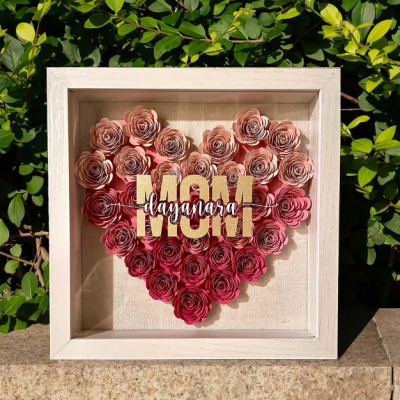 Personalized 3D Paper Rose Shadow Box for Mommy, Custom Name Heart-Shaped Flower Frame with Kids Names, Handmade Mother's Day Birthday Gift for Mom, Grandma, Home Wall Decor
