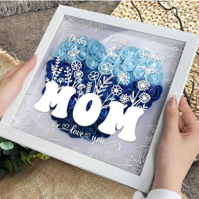 Personalized "MOM" Paper Rose Heart Shadow Box, Custom Kids Names Frame, Unique Mother's Day Gift for Mom, Handmade Keepsake Wall Art