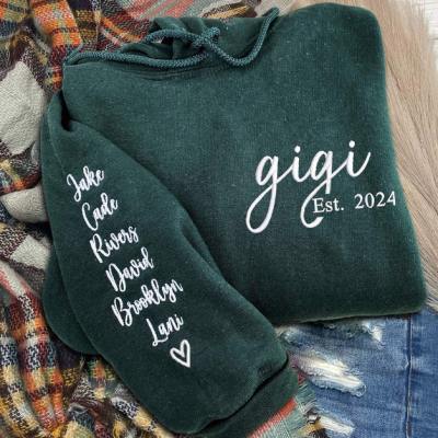 Custom Embroidered Gigi Sweatshirt, Personalized Grandkids Names on Sleeve, Est Year Gigi Hoodie, Unique Gift for Grandma on Mother's Day