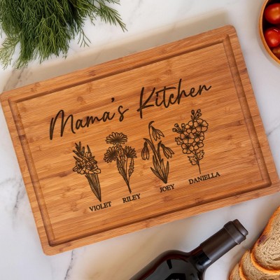 Personalized Cutting Board for Mom, Custom "Mama's Kitchen" Engraved Bamboo Cutting Board with Kids Names & Birth Flowers, Unique Mothers Day Gift for Mom from Daughter Son