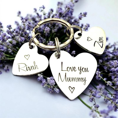 Personalized Heart Charm Keychain for Mom - Custom Kids Name Keyring - Love You Mummy Gift for Mother's Day, Birthday, Christmas