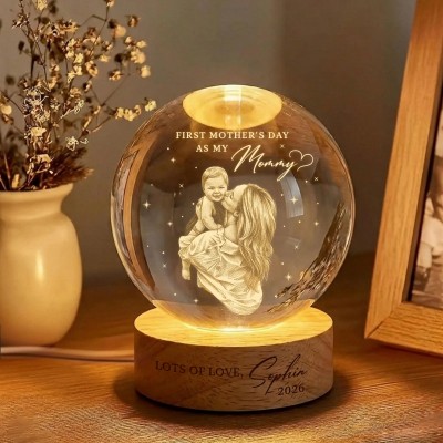 Personalized First Mother's Day Crystal Ball Night Light - Custom Name & Year Engraved Mom & Baby Lamp, Unique Gift for New Mom from Baby