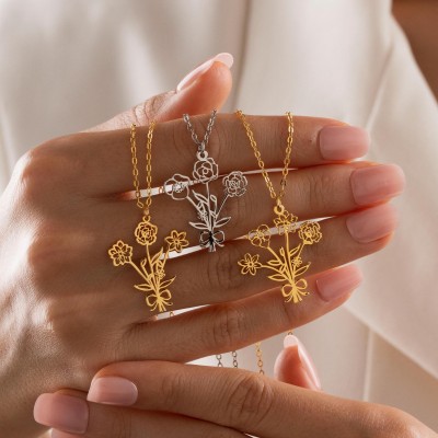 Stainless Steel Flower Bouquet Necklace for Women – Minimalist Floral Pendant Necklace in Gold/Silver Tone, Dainty Birth Month Flower Jewelry Gift for Her, Mom, Friend