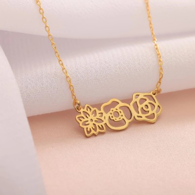 18K Gold Plated Three Flower Pendant Necklace | Minimalist Hollow Floral Jewelry for Women | Dainty Gift for Her