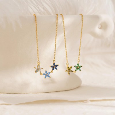 S925 Sterling Silver Three Star Flower Pendant Necklace | Dainty CZ Crystal Floral Choker for Women | Minimalist Delicate Jewelry Gift for Her