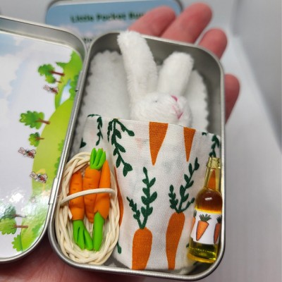 Fluffy Bunny Plush Pocket Companion in Picnic Basket Carrots Tin – Perfect Anxiety Hug, Cute Gift for Easter or Birthdays!